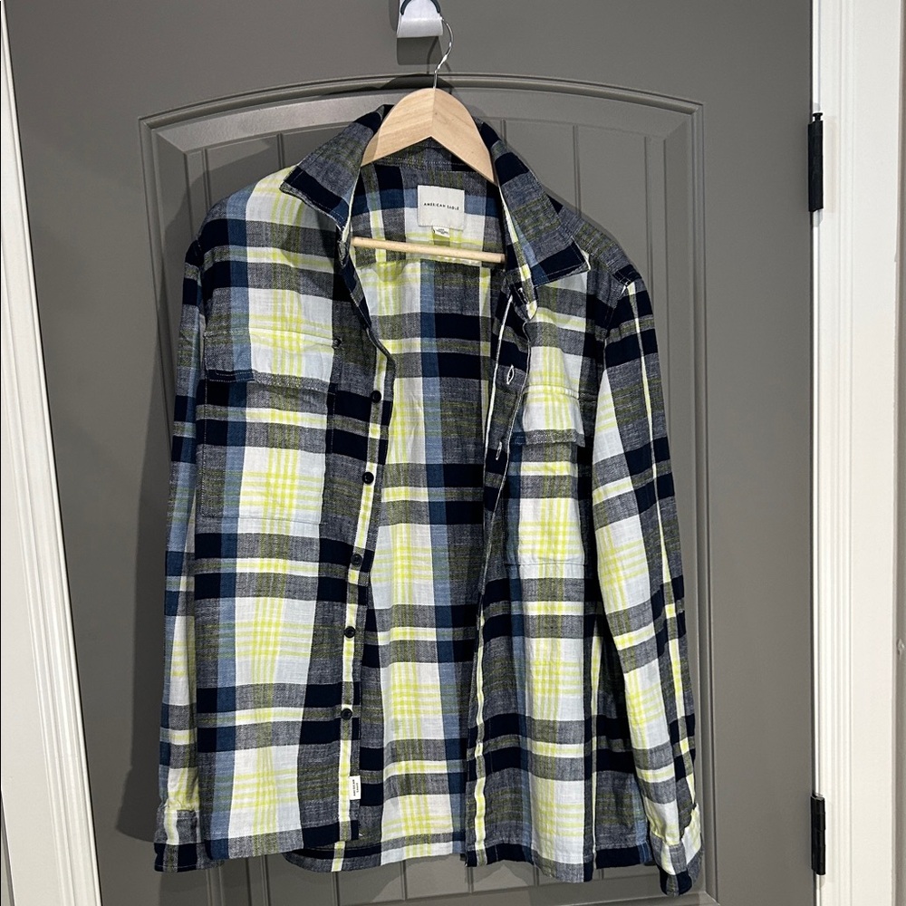 American Eagle Outfitters Men's Plaid Shirt - Blue, Yellow, White